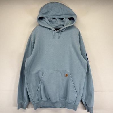 古着 カーハート Carhartt パーカー プルオーバー スウェット スリーブロゴ ルーズフィット M 水色 メンズ