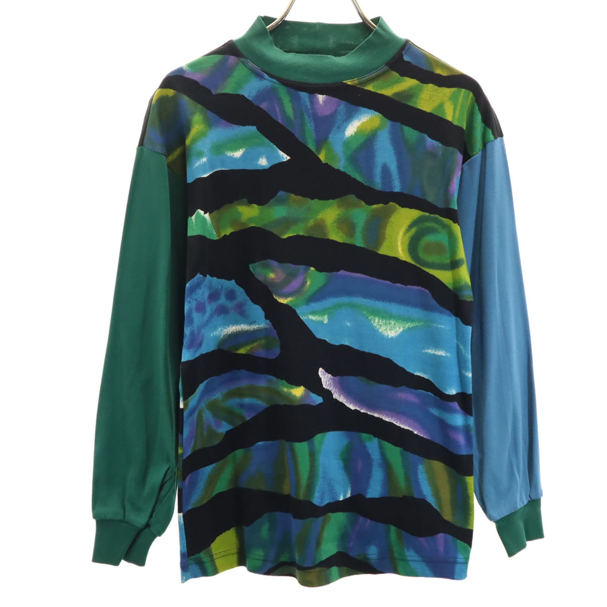 KENZO JEANS ケンゾージーンズ 90s 日本製 オールド 北斎タグ 総柄 7分袖 モックネック カットソー F ブルー系 トップス