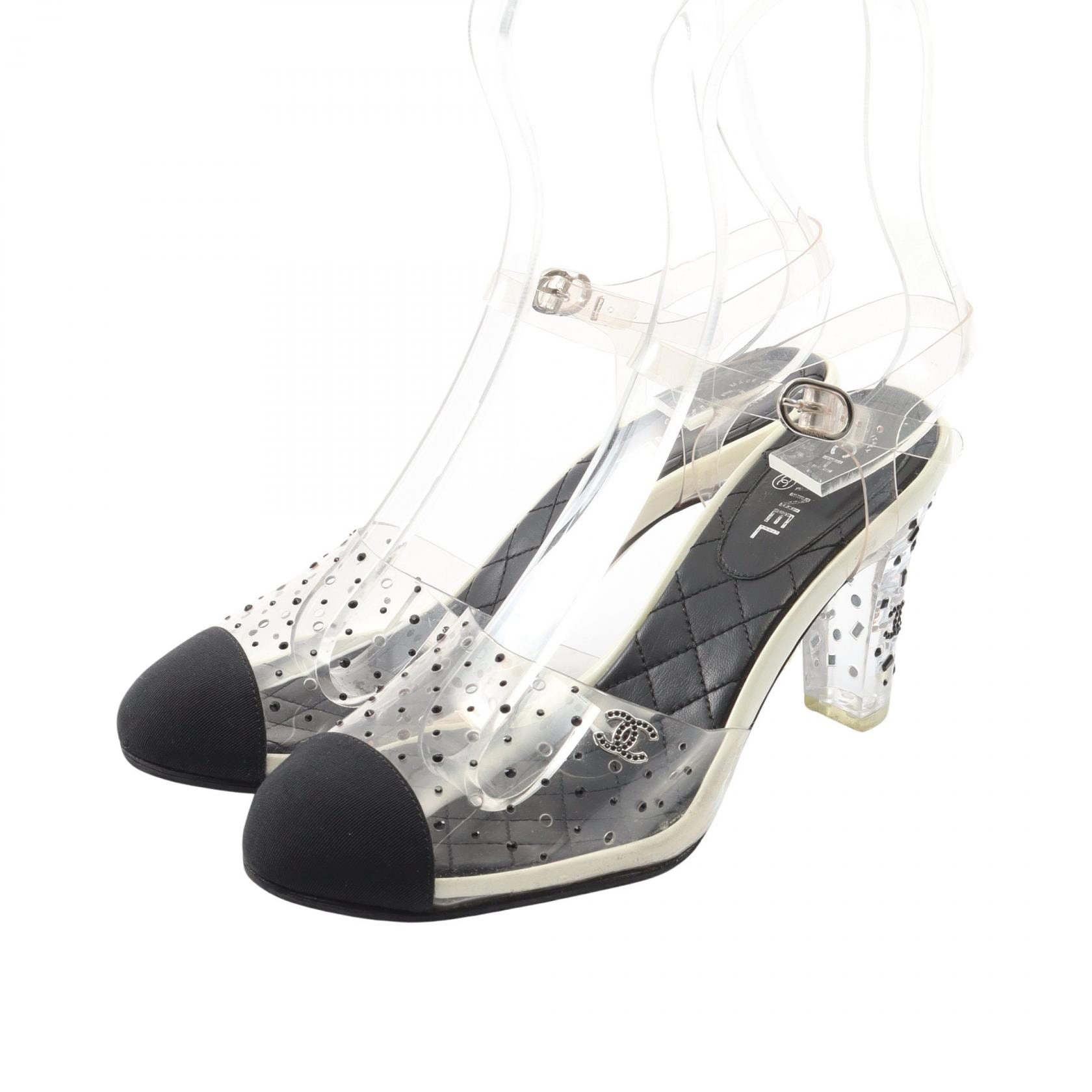 シャネル CHANEL ココマーク ラインストーン サンダル 靴 PVCコーティングキャンバス ファブリック レディース クリア系 / ブラック系 【中古】