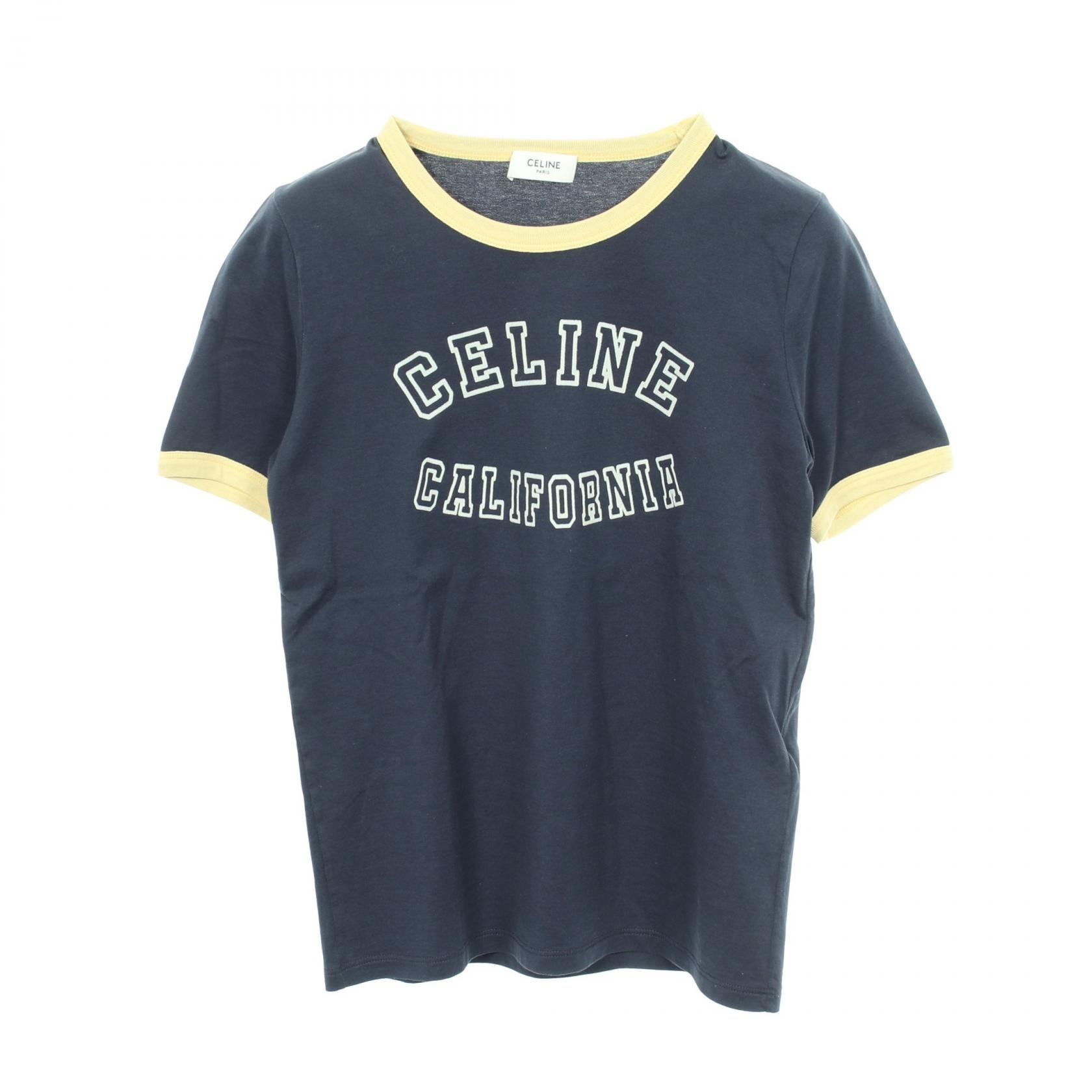 セリーヌ CELINE 70'S CALIFORNIA フロッキーロゴ 半袖Tシャツ 衣料品 トップス コットン レディース ネイビー系 / イエロー系 【中古】