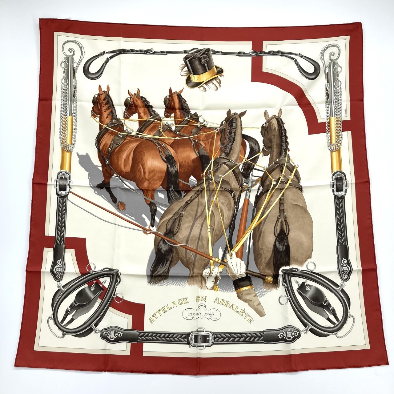 HERMES(エルメス) 弓形連結 カレ90 シルク スカーフ ワインレッド×アイボリー