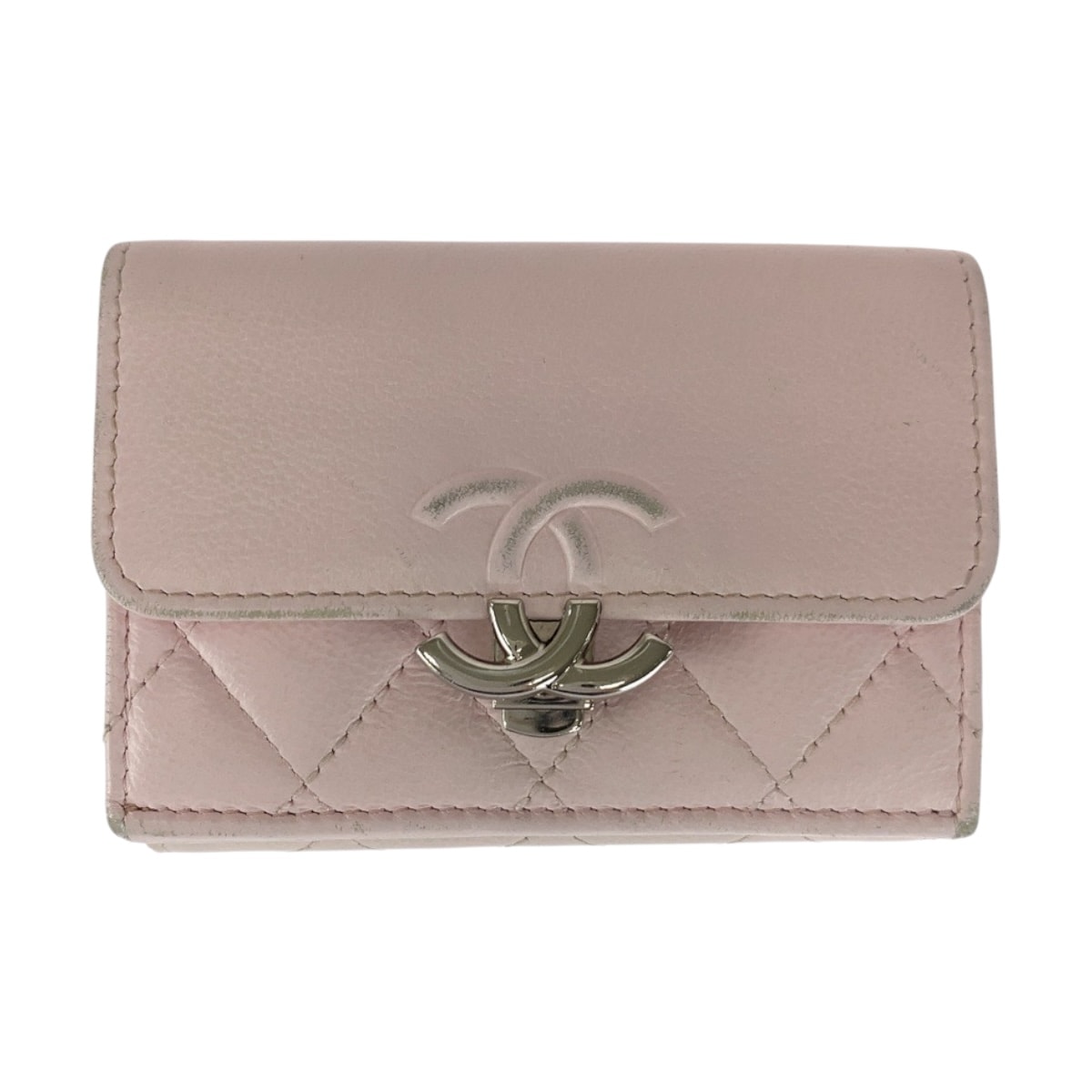 CHANEL シャネル マトラッセ ココマーク ピンク シルバー金具 レザー 折財布 コンパクトウォレット 505459 【中古】