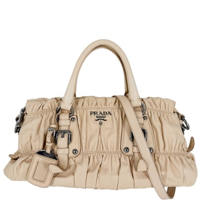 PRADA プラダ 2WAY ギャザー ハンドバッグ ショルダーバッグ 肩掛け 斜め掛け BN1407 レザー ベージュ シルバー金具 レディース【中古品】