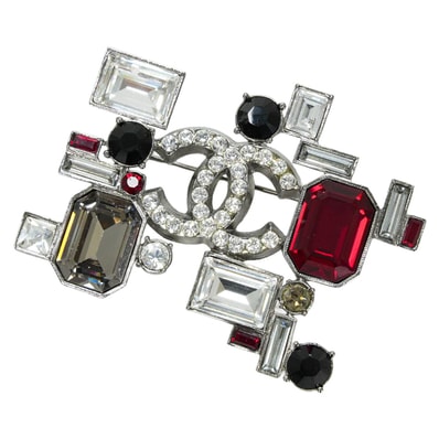 【渋谷並木橋店】05P 2005年春夏 CHANEL シャネル ブローチ ラインストーン ココマーク ジェオメトリック 黒 (ブラック)/ルージュカザック/ルージュ/クリア メタル/レジン シルバー金具 新品同様【中古】