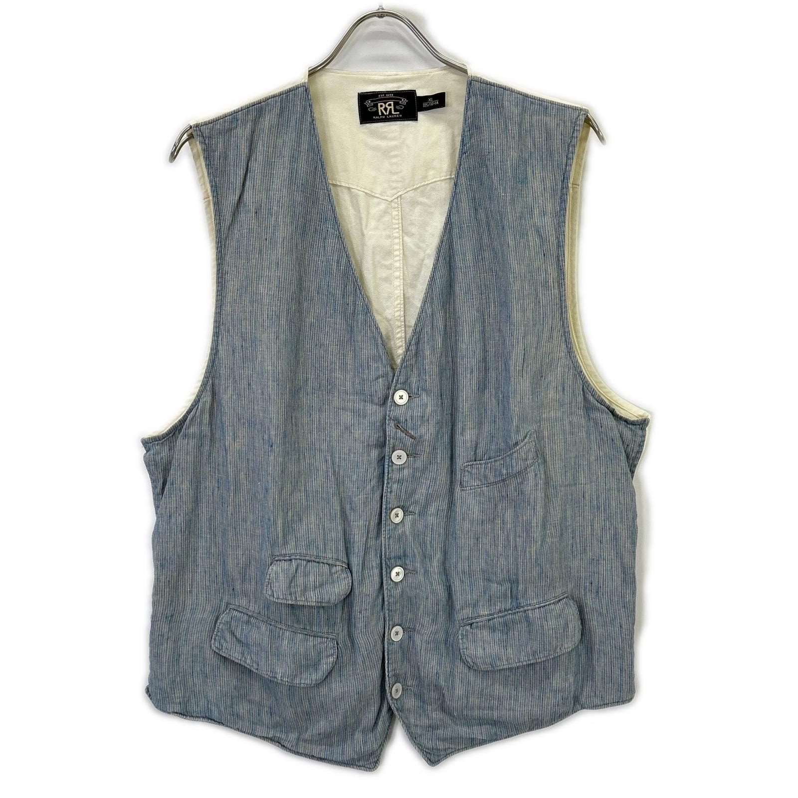 ダブルアールエル リネン ストライプ ワークベスト XL