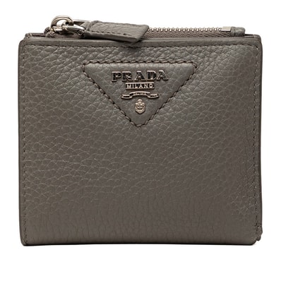 プラダ トライアングルロゴ 二つ折り財布 コンパクトウォレット グレー ヴィッテロダイノレザー レディース PRADA 中古