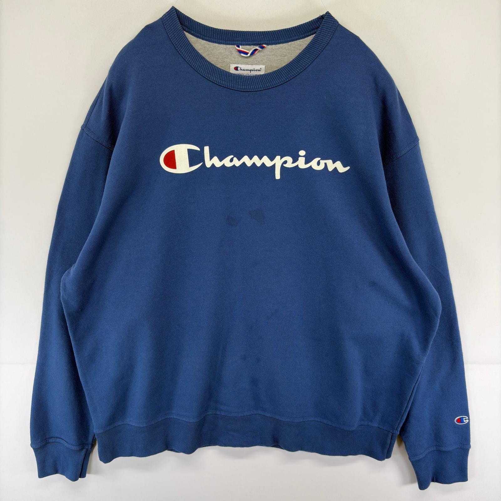 古着 チャンピオン Champion スウェット ビッグロゴプリント クルーネック 大きいサイズ トレーナー プルオーバー 2XL  ブルー系 メンズ