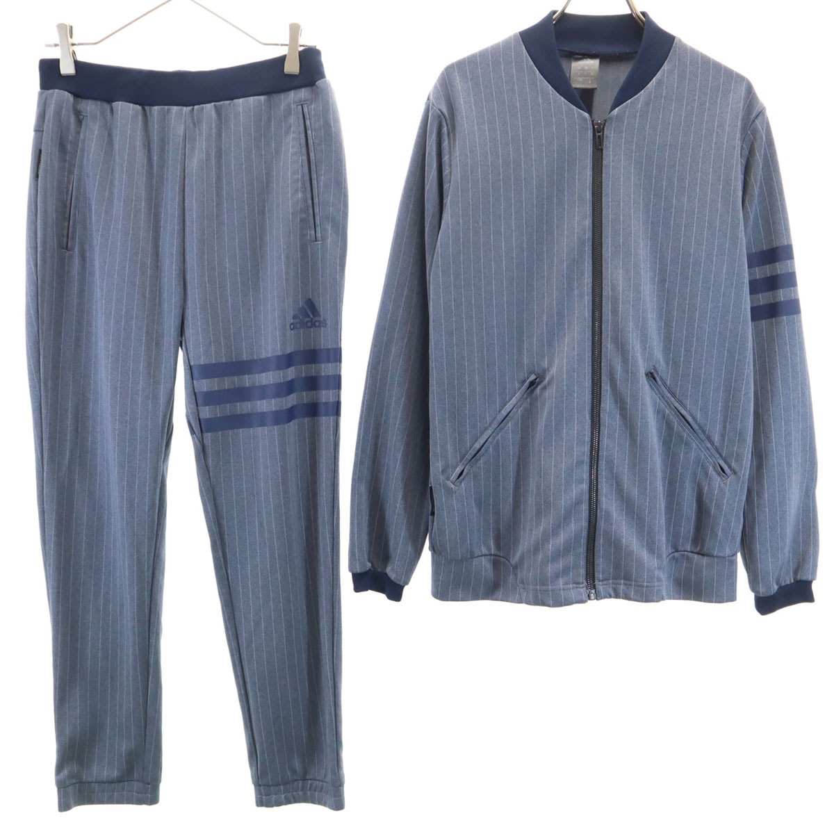 美品 adidas アディダス ピンストライプ柄 ジャージジャケット 上下セットアップ M ネイビー系