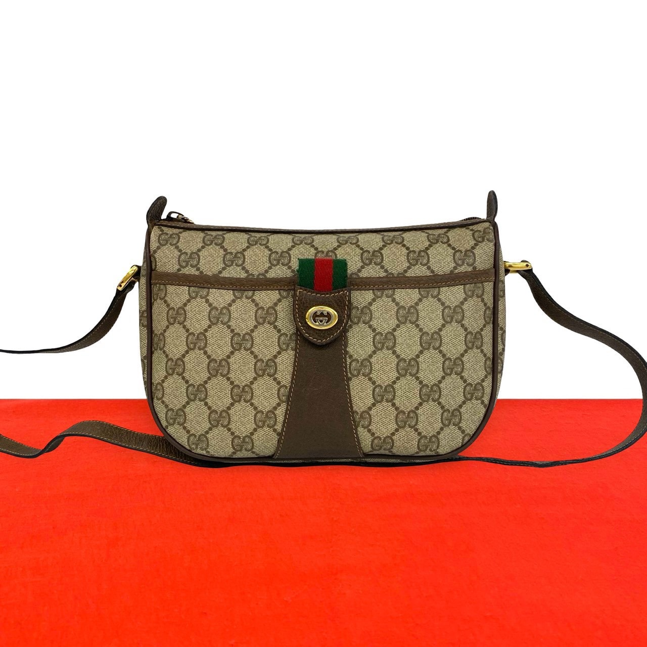 GUCCI グッチ シェリーライン GG 柄 ロゴ 金具 レザー PVC ショルダーバッグ ブラウン
 59405