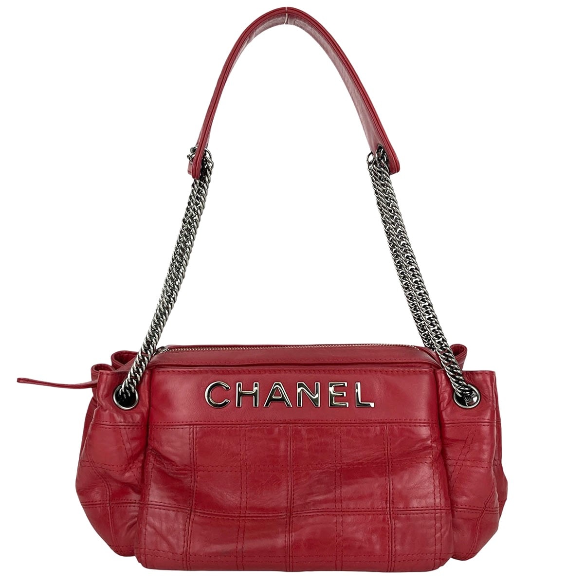 CHANEL シャネル チョコバー ロゴ 肩掛け ショルダーバッグ ラムスキン レッド  レディース【中古】
