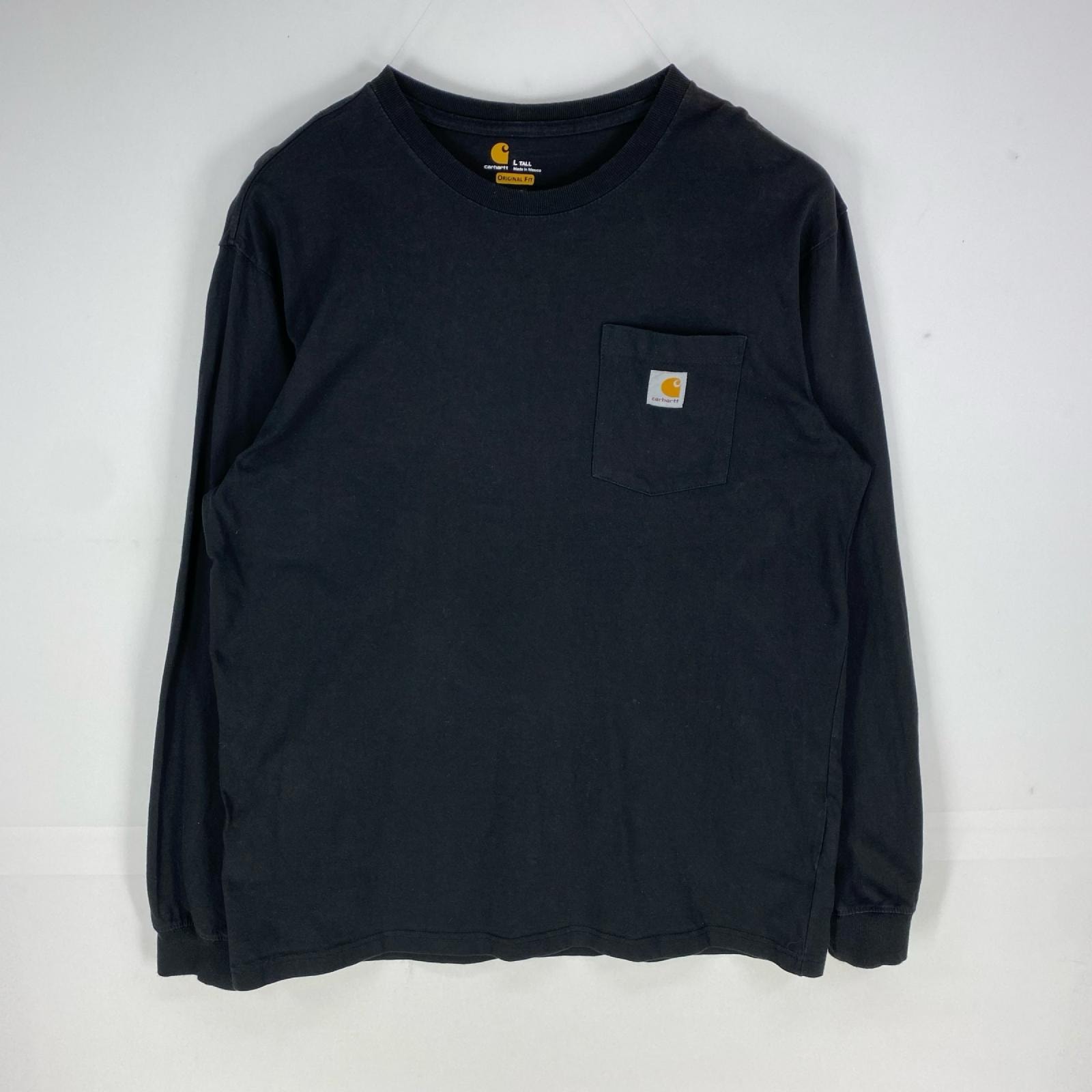 古着 カーハート Carhartt 長袖Tシャツ ワンポイント クルーネック ロゴ ロンT 胸ポケット L  ブラック系 メンズ