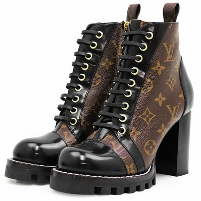 【美品】LOUIS VUITTON ルイ・ヴィトン ブーツ スタートレイルライン サイズ 37 レディース 2020年製 LVモノグラム ロゴ サイドジップ レースアップ ショート アンクル ハイヒール シューズ 靴 ブラック 黒 イタリア製