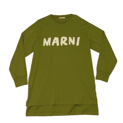 MARNI マルニ ロゴ クルーネック ロングスリーブ 40 カーキ パステルイエロー 160/84A アシンメトリー コットン グリーン 長袖Tシャツ THJE0129PN