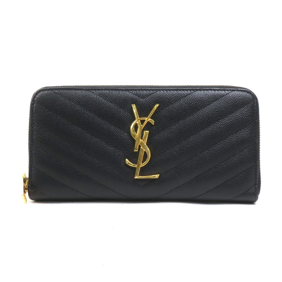 サンローラン SAINT LAURENT ラウンドファスナー長財布 レザー ブラック ゴールド レディース【中古】 h31776g