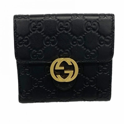 【6ed4190-k】グッチ 財布 グッチシマ 369676 レザー ブラック ゴールド金具【中古】レディース