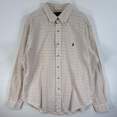 古着 90's/90年代 ラルフローレン RALPH LAUREN 長袖シャツ ワンポイント ロゴ 刺繍 ボタンダウンシャツ L ホワイト系 チェック メンズ