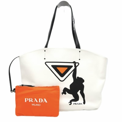 PRADA(プラダ)モンキープリント カナパ トートバッグ キャンバス ホワイト ブラック オレンジ ポーチ付き イタリア製 レディース 【中古】