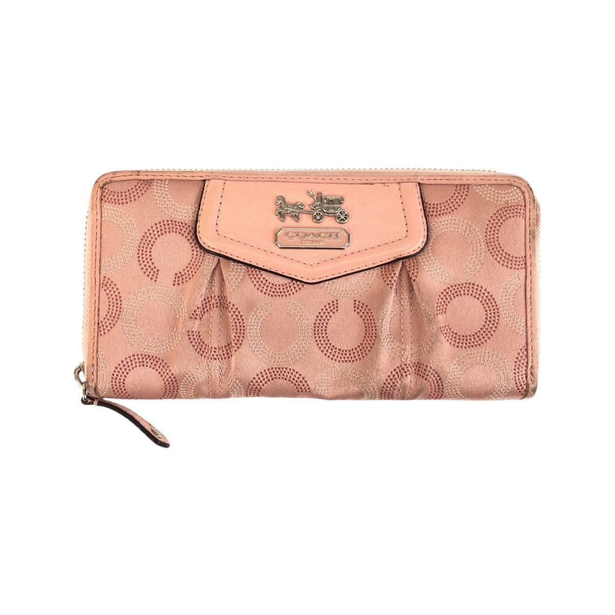 COACH コーチ シグネチャー オプアート ピンク シルバー金具 キャンバス レザー/ 長財布 ラウンドファスナー 600875 【中古】