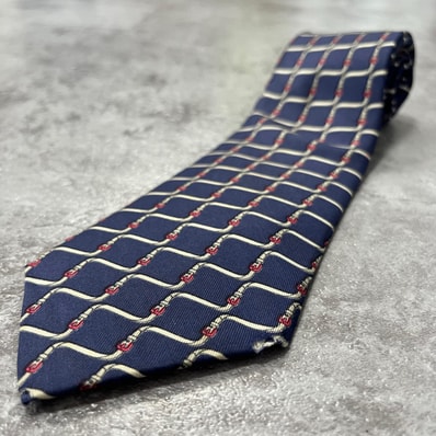 【HERMES】エルメス ベルト バックル ストラップ 格子柄 ネクタイ ネイビー レッド アイボリー シルク100% フランス製 メンズ ビジネス