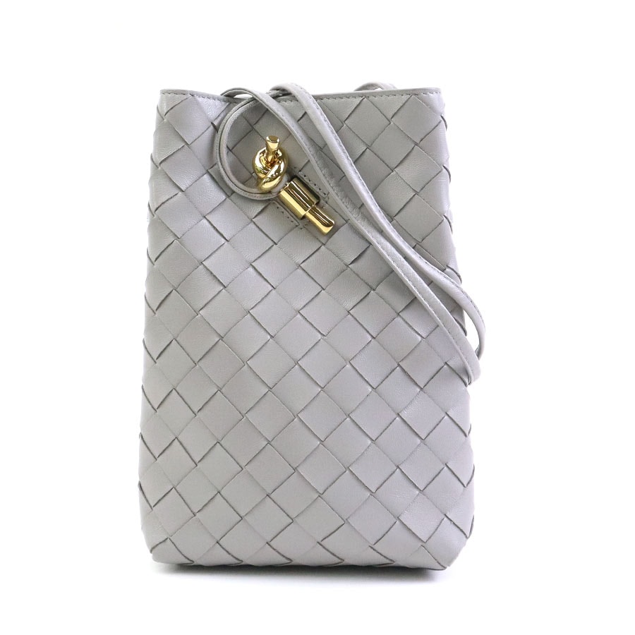 ボッテガヴェネタ BOTTEGAVENETA ショルダーバッグ フォンケース イントレチャート アンディアーモ フォンポーチ レザー グレー レディース【中古】 90284a