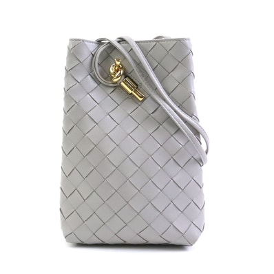 ボッテガヴェネタ BOTTEGAVENETA ショルダーバッグ フォンケース イントレチャート アンディアーモ フォンポーチ レザー グレー レディース【中古】 90284a