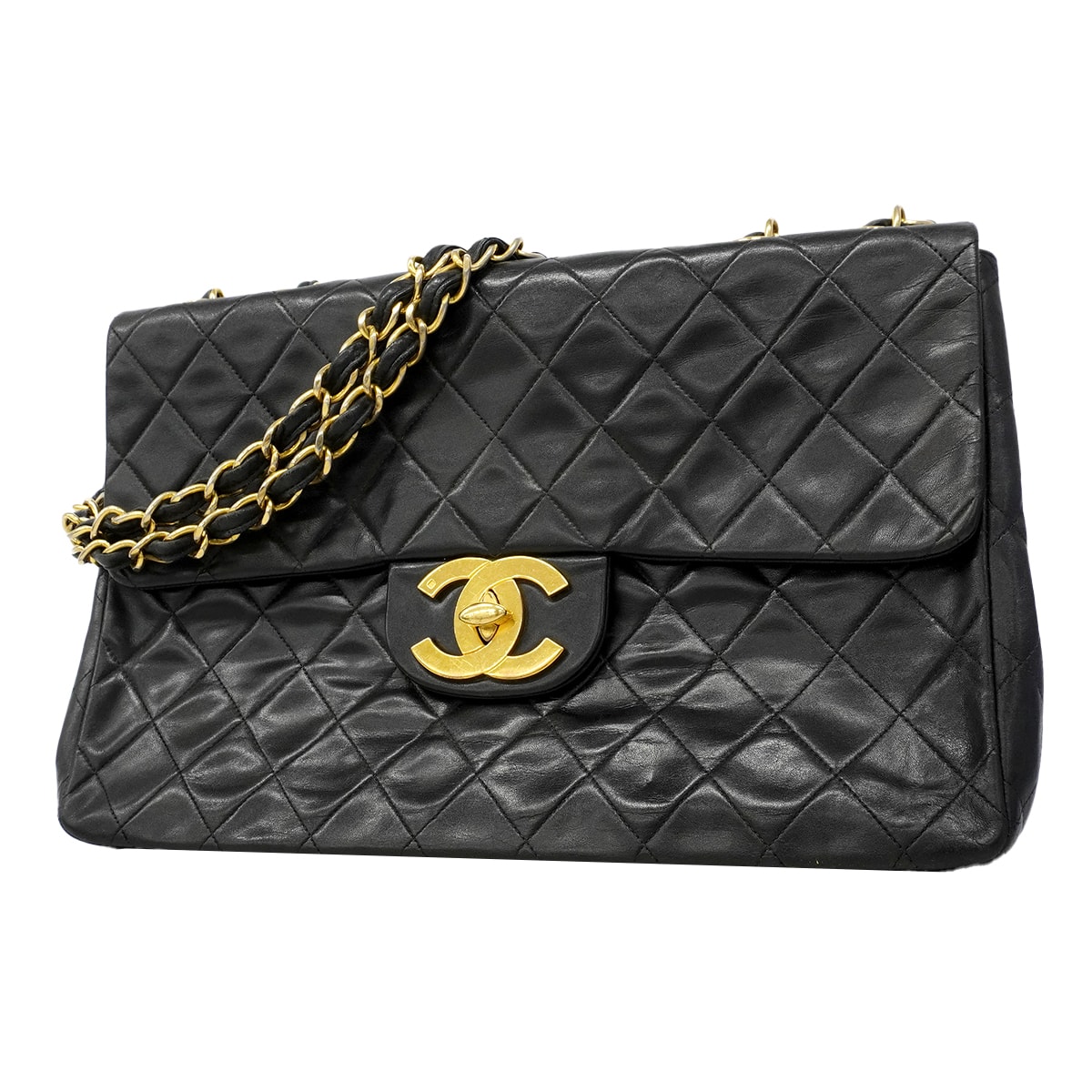 ★SALE【6fa1628-h】シャネル ショルダーバッグ デカマトラッセ Wチェーン ラムスキン ブラック ゴールド金具【中古】レディース