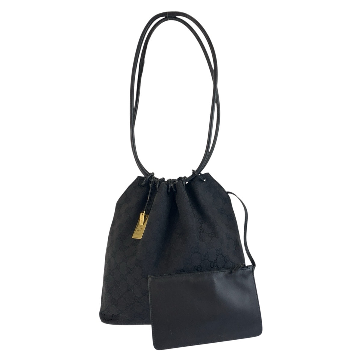 美品 GUCCI グッチ ブラック 黒 ゴールド金具 GGキャンバス レザー/ 巾着ショルダーバッグ 603399 【中古】