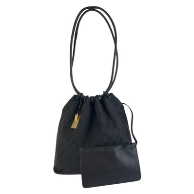 美品 GUCCI グッチ ブラック 黒 ゴールド金具 GGキャンバス レザー/ 巾着ショルダーバッグ 603399 【中古】