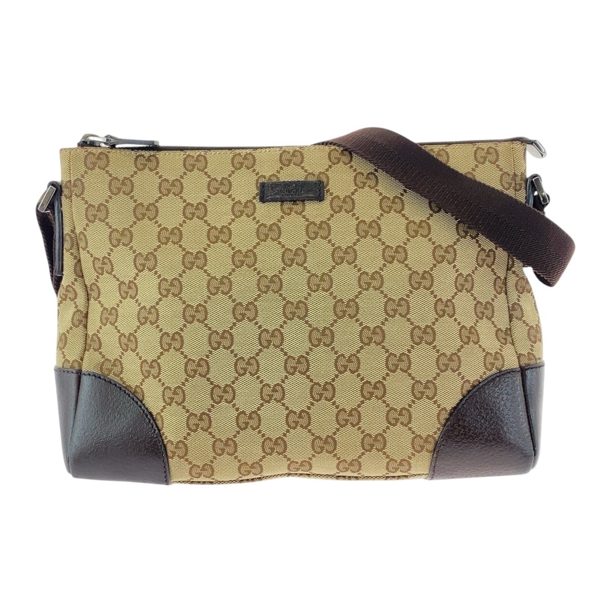 美品 GUCCI グッチ ベージュ ブラウン シルバー金具 GGキャンバス レザー/ 斜め掛け ショルダーバッグ 506098 【中古】