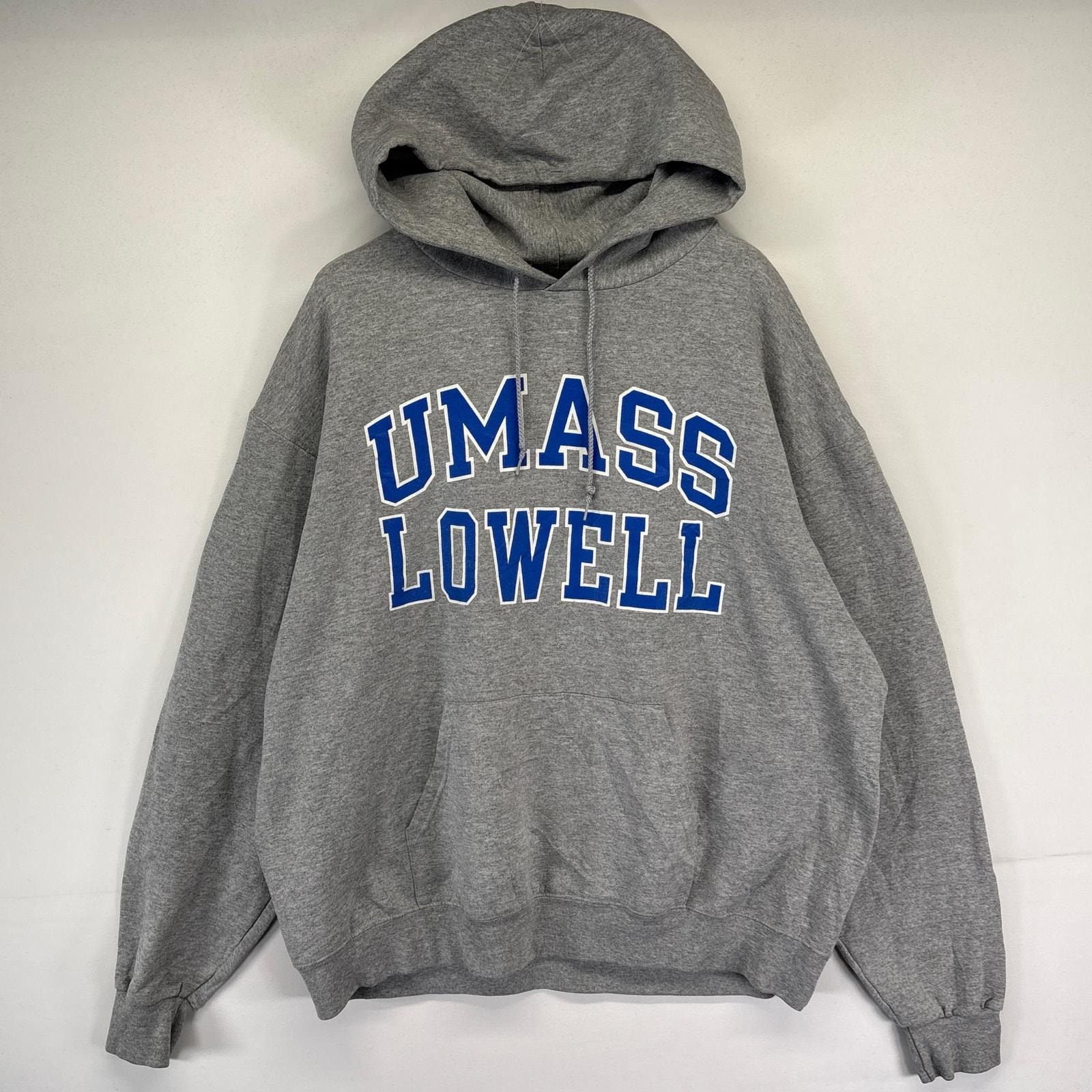 古着 チャンピオン Champion パーカー カレッジロゴ スウェット プリントデザイン フーディ プルオーバー XL  グレー メンズ