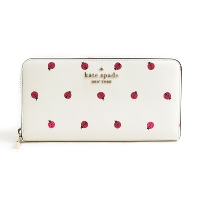 ケイトスペード Kate Spade ラウンドファスナー長財布 PVCコーティングキャンバス ホワイト/レッド レディース【中古】 r11136