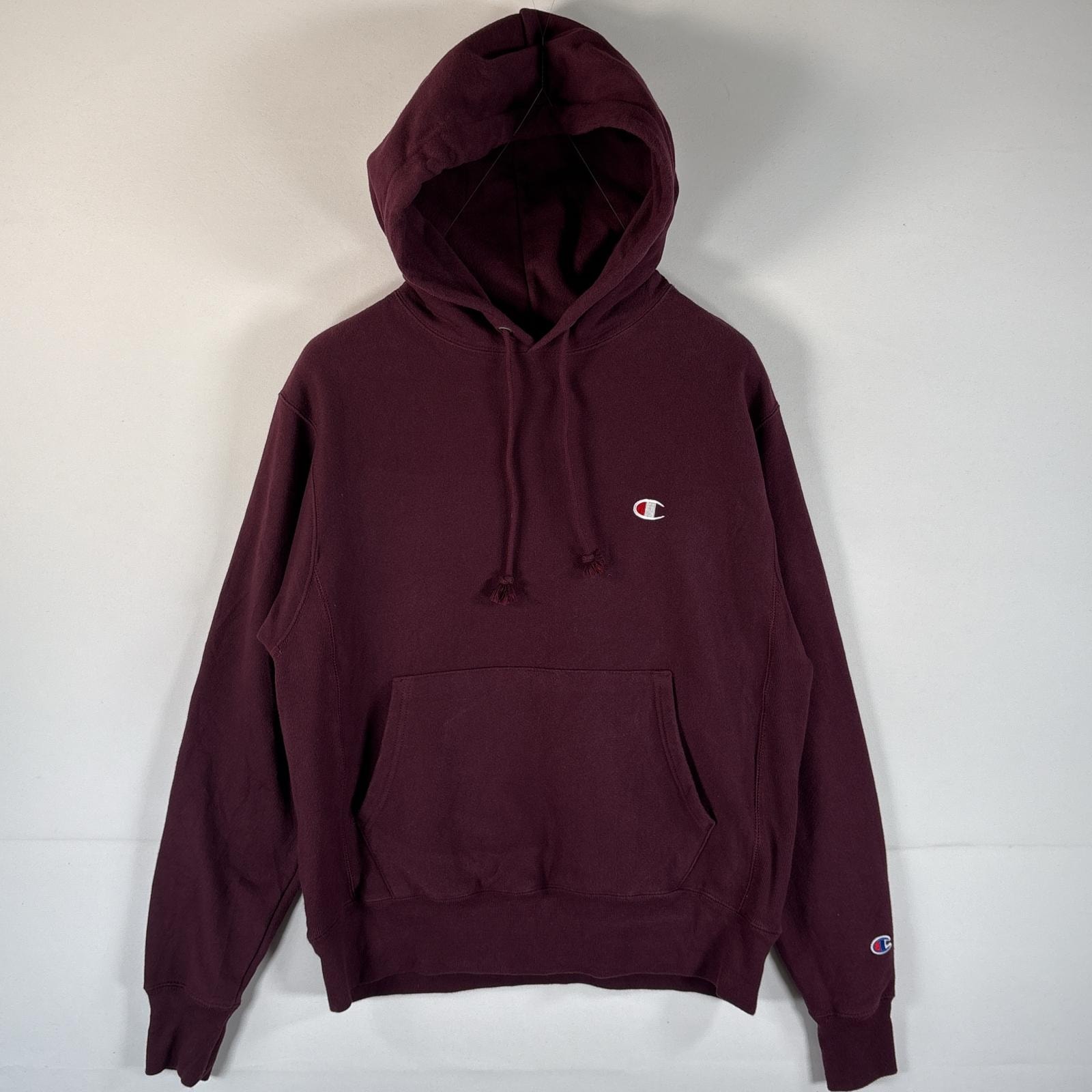 古着 チャンピオン Champion パーカー リバースウィーブ ワンポイントロゴ刺繍 復刻 プルオーバー フーディ マフポケット MEDIUM バーガンディー メンズ