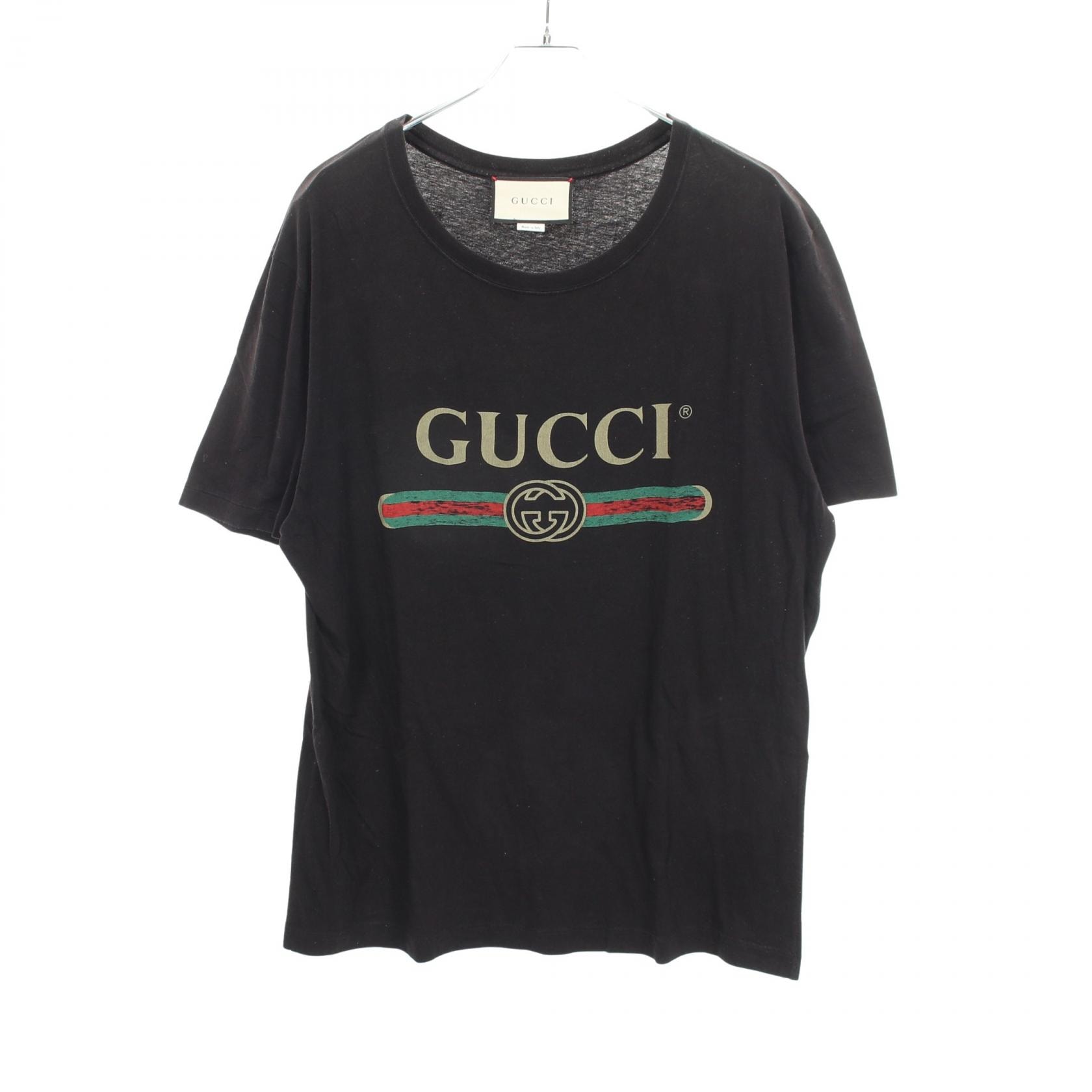 グッチ GUCCI ロゴプリント 半袖Tシャツ 衣料品 トップス コットン メンズ ブラック系 【中古】