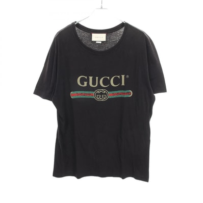 グッチ GUCCI ロゴプリント 半袖Tシャツ 衣料品 トップス コットン メンズ ブラック系 【中古】