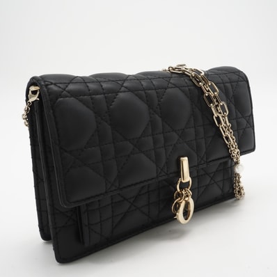 美品 Christian Dior クリスチャンディオール カナージュ ラムスキン デイリーチェーンポーチ 509370NINJ ショルダーバッグ ブラック カーフレザー レディース