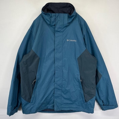 古着 コロンビア Columbia ナイロンジャケット ワンポイントロゴ刺繍 ツートンカラー フルジップ アウトドア L ブルー系 メンズ