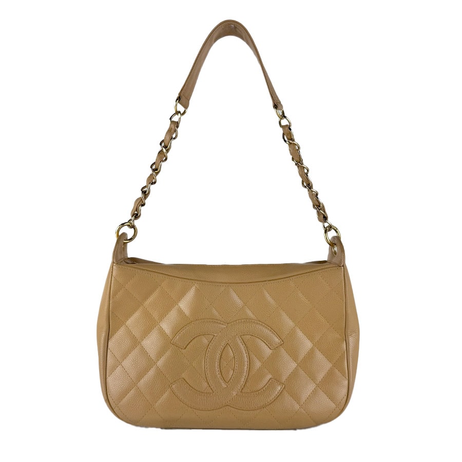 シャネル CHANEL ショルダーバッグ キャビアスキンレザー ベージュ ゴールド レディース【中古】 z10883