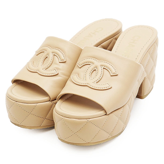 【極美品】CHANEL シャネル サンダル G46513 COCOマーク ロゴ マトラッセ キルティング ダイヤステッチ 厚底 シューズ 靴 袋付属 レディース サイズ 38C ベージュ イタリア製