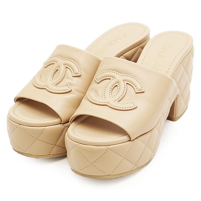 【極美品】CHANEL シャネル サンダル G46513 COCOマーク ロゴ マトラッセ キルティング ダイヤステッチ 厚底 シューズ 靴 袋付属 レディース サイズ 38C ベージュ イタリア製