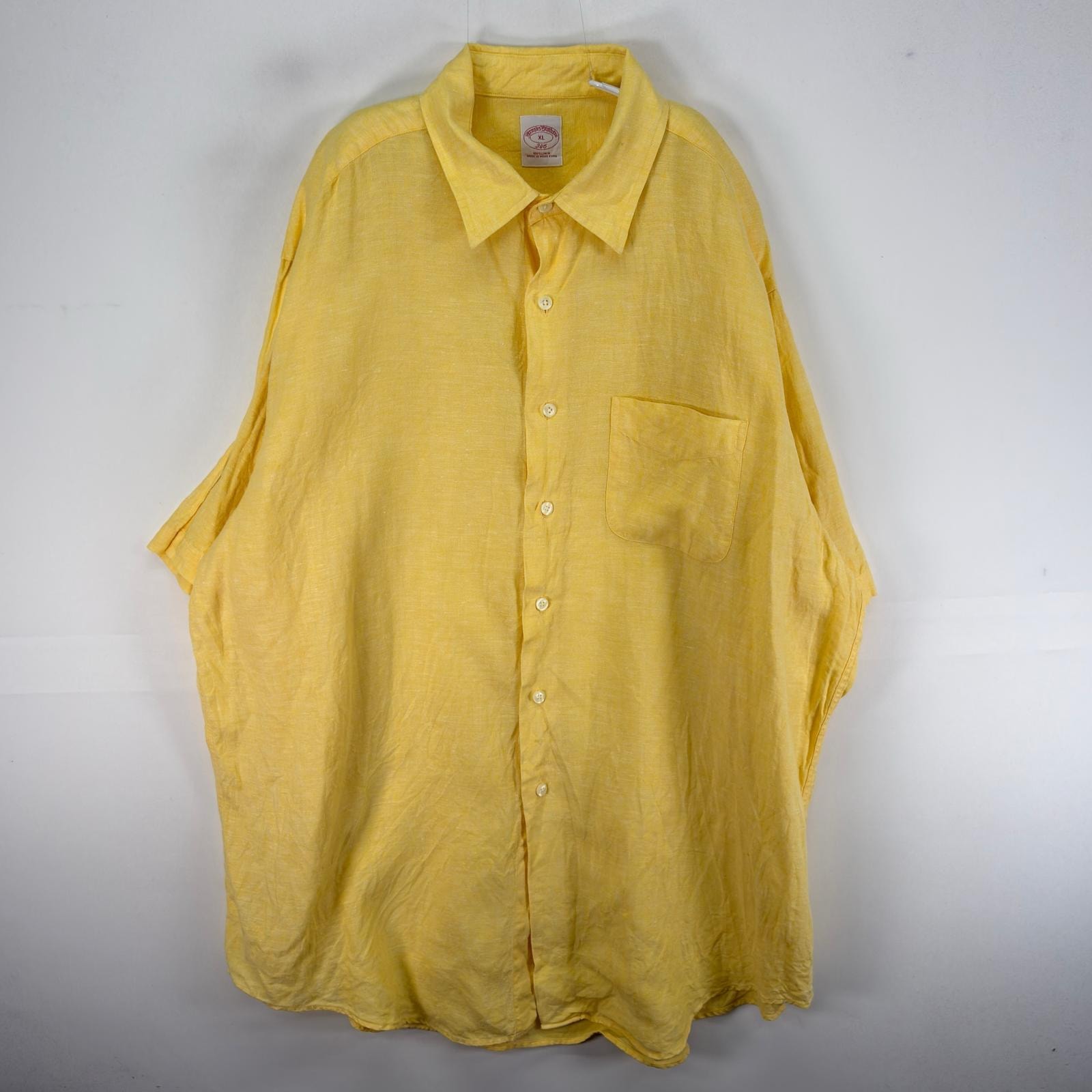 古着 ブルックスブラザーズ Brooks Brothers 半袖シャツ リネン 胸ポケ XL  イエロー系 無地 メンズ
