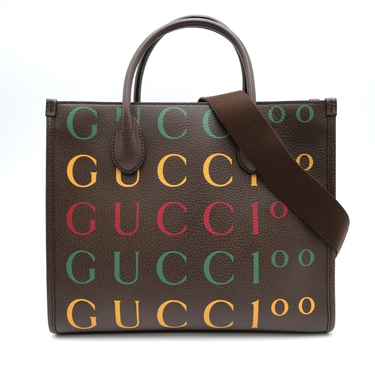 GUCCI(グッチ)100周年記念 センテナリアル 2WAYトートバッグ ショルダーバッグ GUCCI100 ロゴプリント ブラウン レザー マルチカラー ゴールド金具 レディース 680956【中古】
