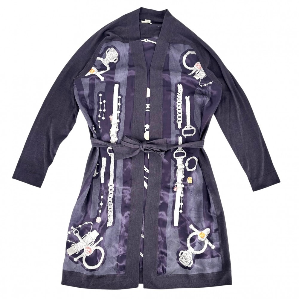 HERMES エルメス カーディガン ツイルレーヌ ETUDE POUR UNE PARURE DE GALA 正装のエチュード ロングカーディガン ニット切り替え アパレル 服 38 パープル系 シルク  カシミヤ   レディース 春 秋 美品【中古品】