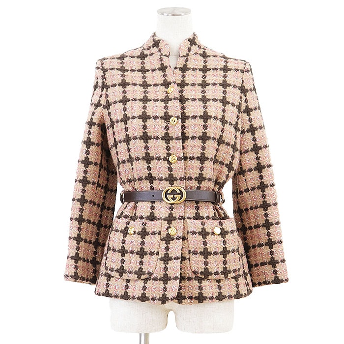 【極美品】GUCCI グッチ ツイードジャケット レディース サイズ 36 GGメタルボタン インターロッキング ラメ糸 ノーカラー アウター ベルト付属 ピンクベージュ ブラウン 茶色 桃色 イタリア製 52808/75