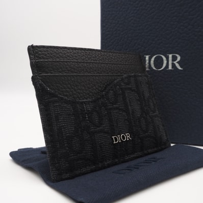 極美品 Dior ディオール グレインドカーフスキン マーケトリー & ディオール オブリーク ジャカード Saddle カードホルダー 2ADCH164YKS カードケース ブラック カーフレザー キャンバス メンズ