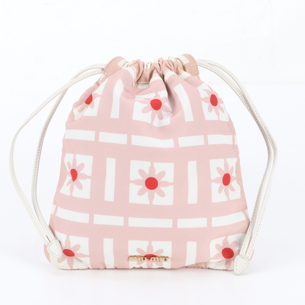■美品 ミュウミュウ 花柄 巾着 バッグポーチ レザー×ナイロン