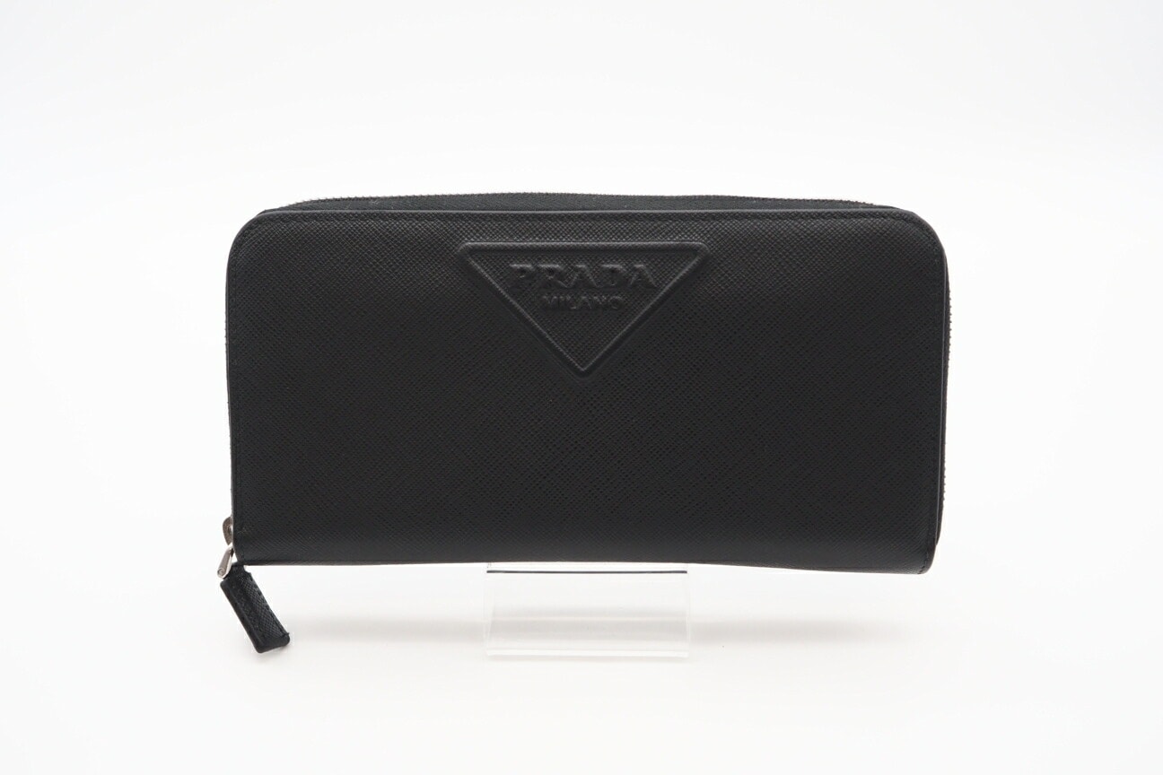 美品 PRADA プラダ サフィアーノ エンボスロゴ ラウンドファスナー 2ML317 長財布 ブラック レザー サフィアーノ メンズ