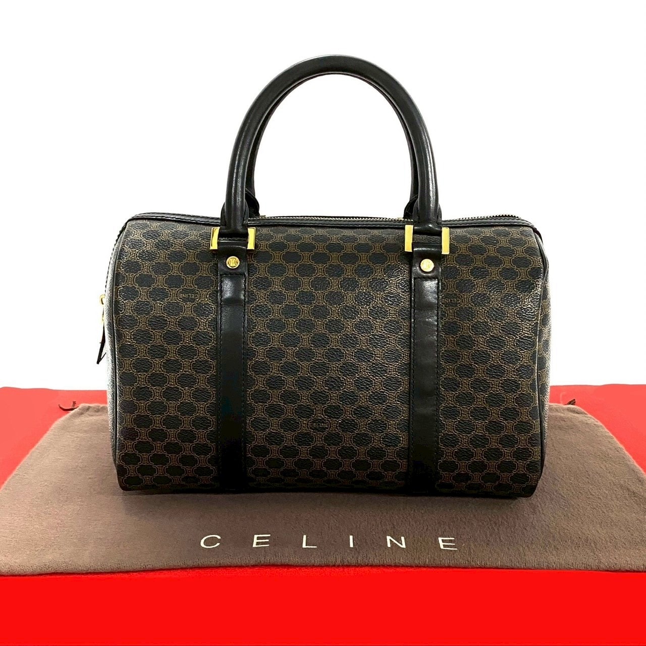 CELINE セリーヌ マカダム ブラゾン トリオンフ 柄 レザー PVC ハンドバッグ ブラック
 435-3