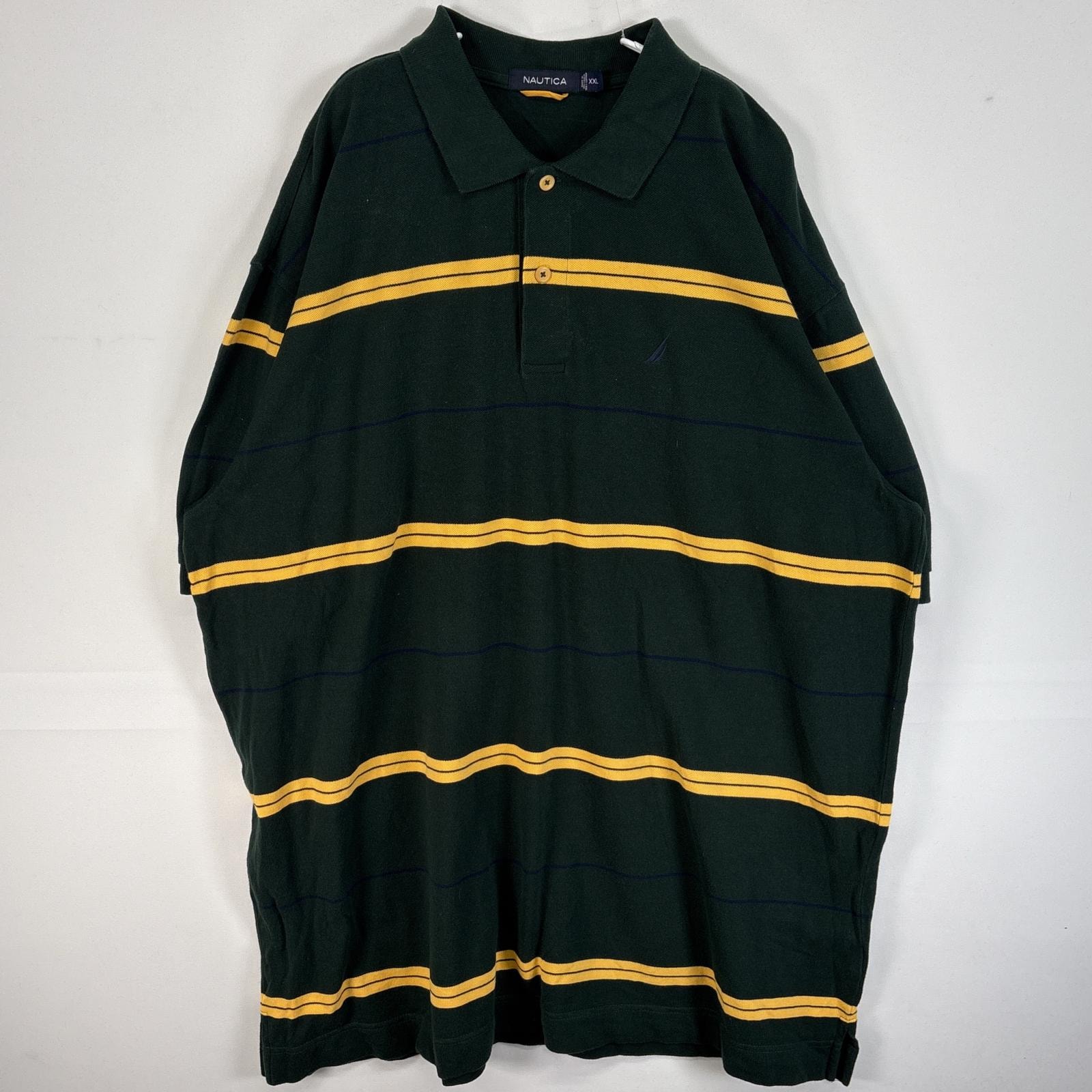 古着 ノーティカ NAUTICA 半袖 ポロシャツ ボーダー ロゴ 刺繍 大きいサイズ 14041  グリーン マルチカラー メンズ