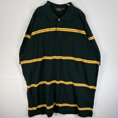 古着 ノーティカ NAUTICA 半袖 ポロシャツ ボーダー ロゴ 刺繍 大きいサイズ 14041 グリーン マルチカラー メンズ
