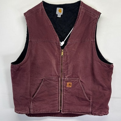 古着 カーハート Carhartt ベスト ダック ボアライナー フルジップ ワンポイントロゴ ワーク 大きいサイズ 2XL レッド系 メンズ